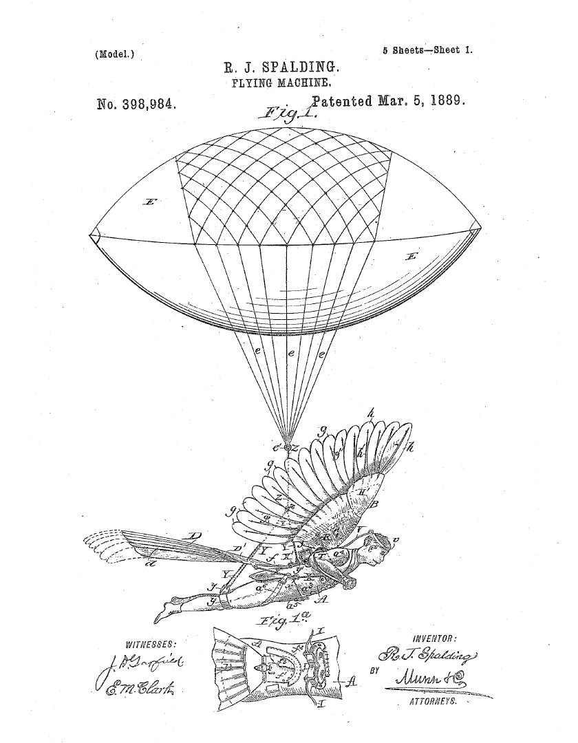 Reuben Jasper Spalding Flying Machine 1888 US Patent 398984 1889 Reuben Jasper Spalding Flying Machine 1888 US Patent 398984 1889